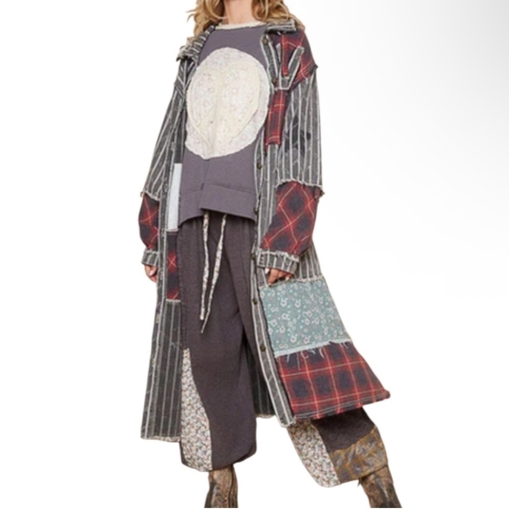 POL Patchwork Long Boho Jacket-Size Medium